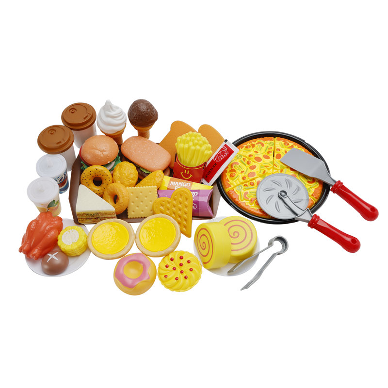 Dessert Pretend Play Fast Food Set with Pizza Hamburger Hot Dog Fries Drink with Tray Playset