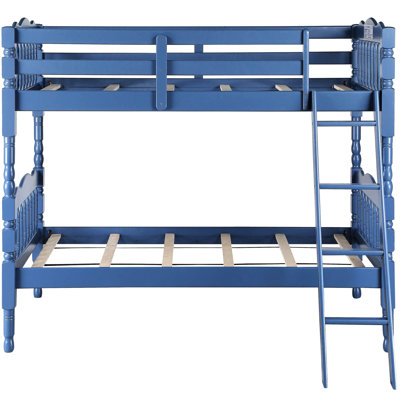 Lit simple superposé au-dessus d'un lit bleu avec configuration intégrée et polyvalente du système de lattes.