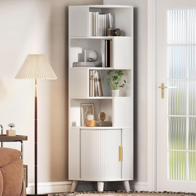5-Tier Corner Bookshelf, 69.3'' Tall Corner Bookcase with Fluted Door, L-Shaped Corner Book Shelf Storage