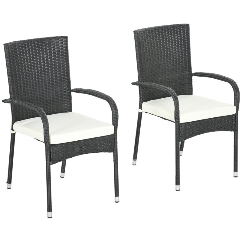 Outsunny Stackable PE Rattan Outdoor Dining Chairs With Cushions, Set Of 2 Patio Wicker Dining Chairs With Armrests And Backrest For Patio, Deck, Cream White