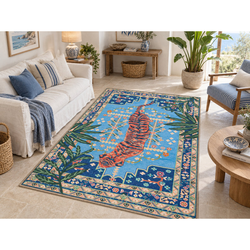 Tapis bleu / rouge en polypropylène tissé à la machine Rositha, Rectangle 2 pi 7 po x 4 pi 11 po