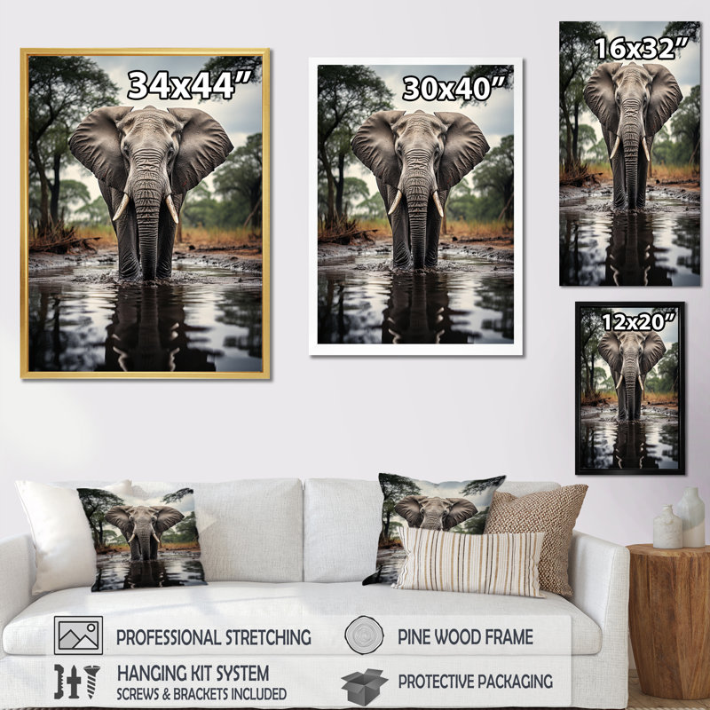 Bellatti Elephant Majestic Reflections - reproduction sur toile, H 20 po x l 12 po x P 1 po, Cadre photo blanc