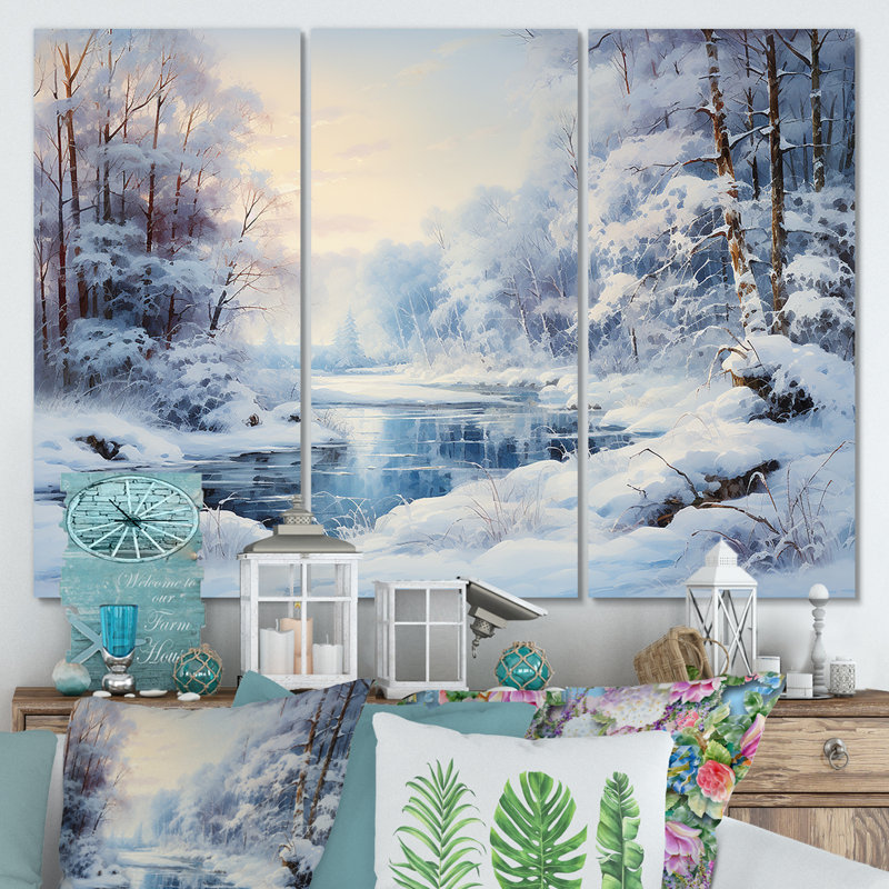 Winter River Window View II - Winter Landscape, art mural, H 32 po x l 48 po x P 1 po, Toile tendue