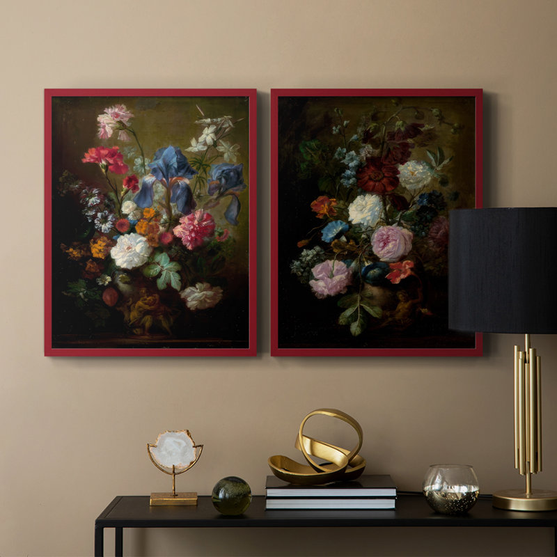 Demure Dutch Floral I-Premium Framed Print -Ready to Hang - No Nails Required - No Nails Required, 11" H x 18" W, Red