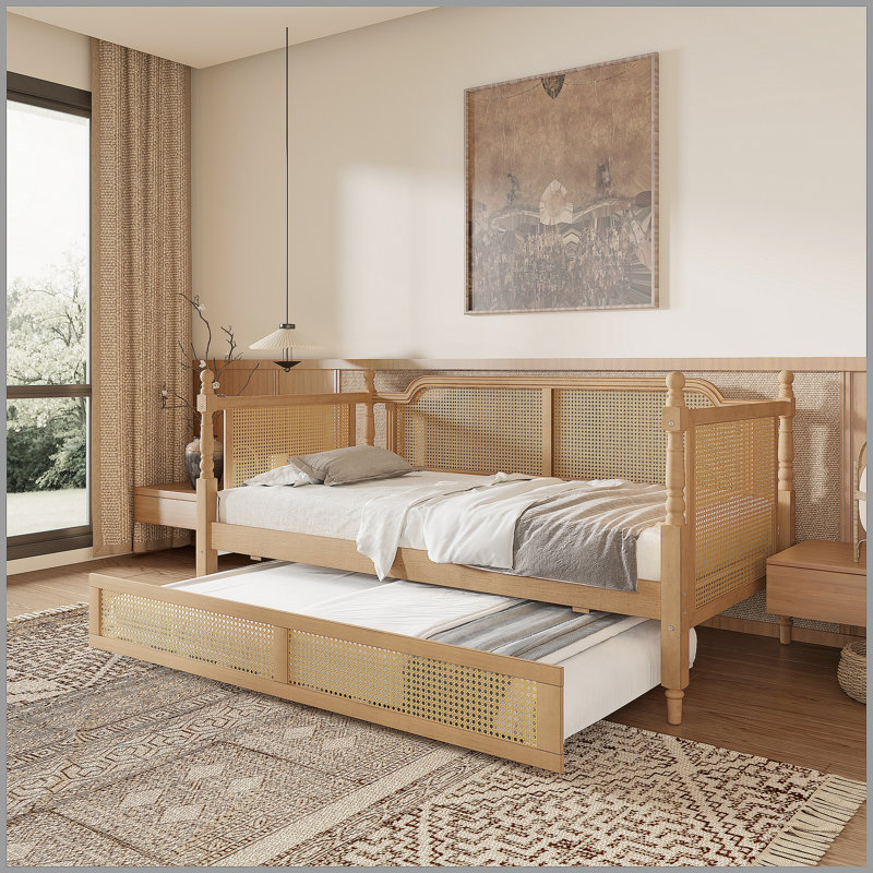 Lit de jour en rotin de style traditionnel avec lit gigogne double pour un espace limité, chambre d'amis, pas de sommier tapissier, noyer antique