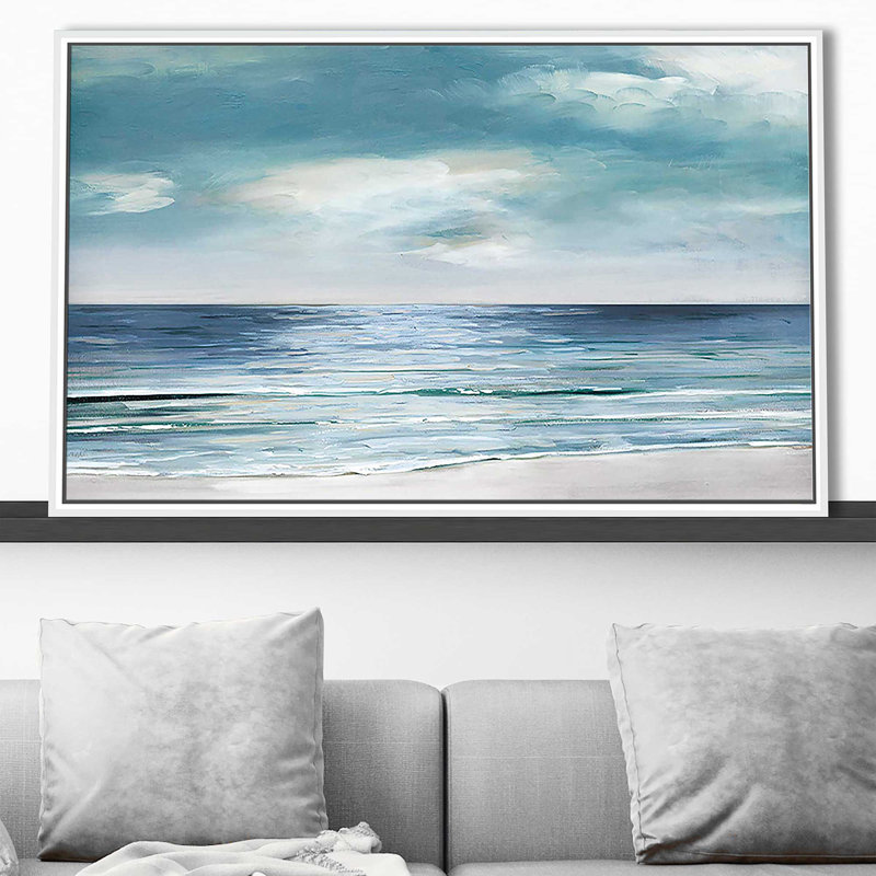 «Blue Silver» par Sally Swatland - Peinture, Cadre flottant blanc, H 21,5 po x l 33,5 po x P 2 po