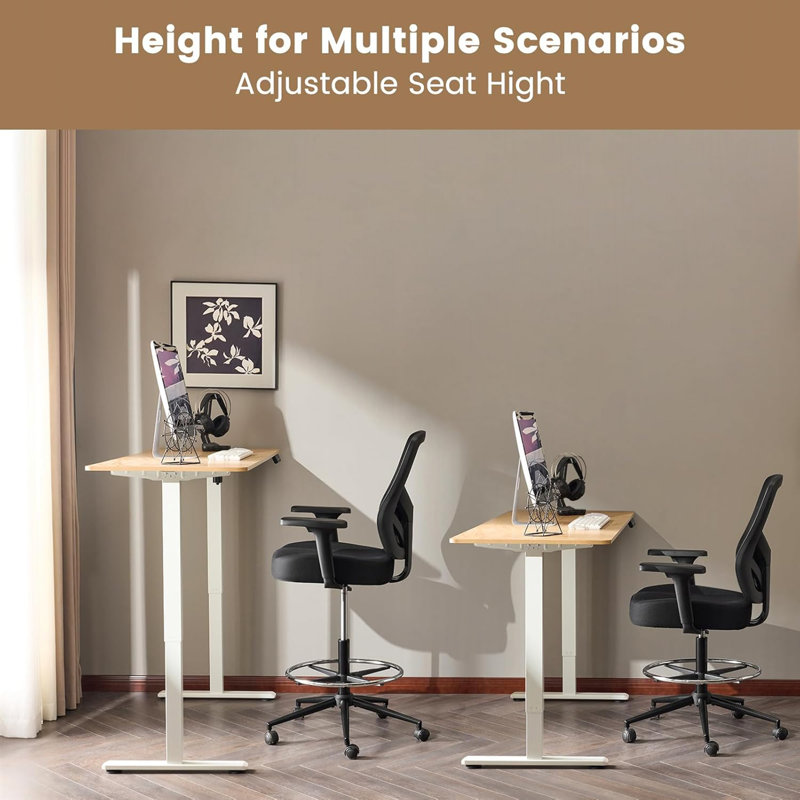 Black Drafting Chair - Tall Mesh Ergonomic Office Chair For Standing Desks With 3D Armrests, Adjustable Lumbar Support & Footrest Ring