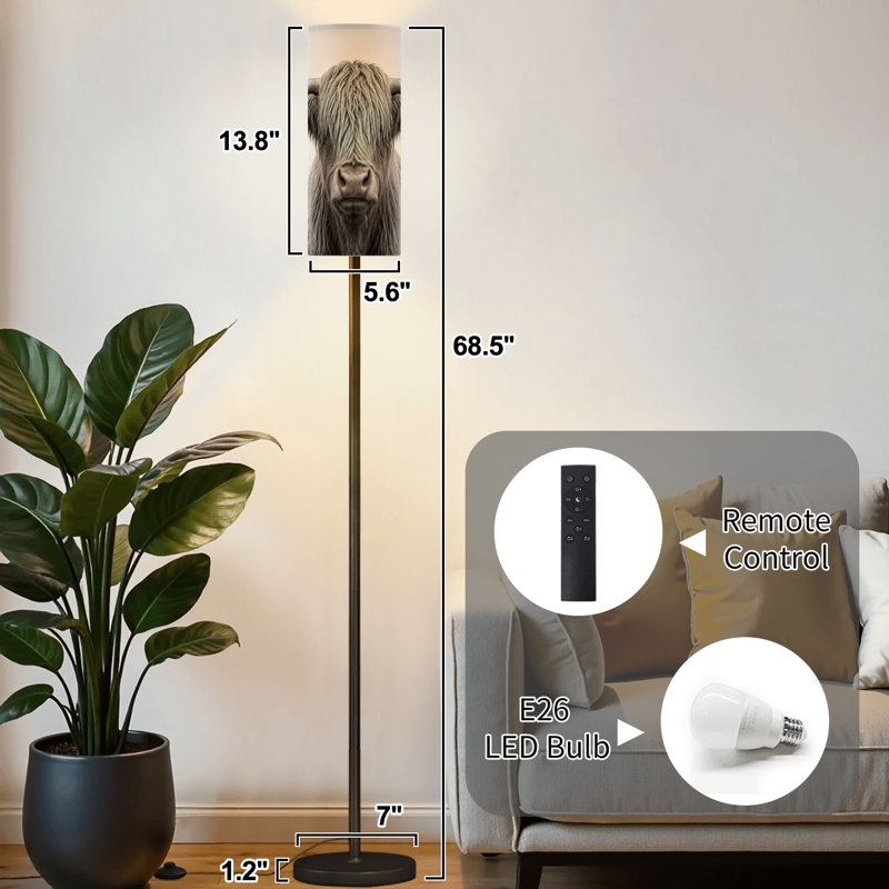 Lampe sur pied Highland cow Écosse à intensité variable avec télécommande et pédale avec abat-jour et abat-jour pour le bureau de la chambre à coucher