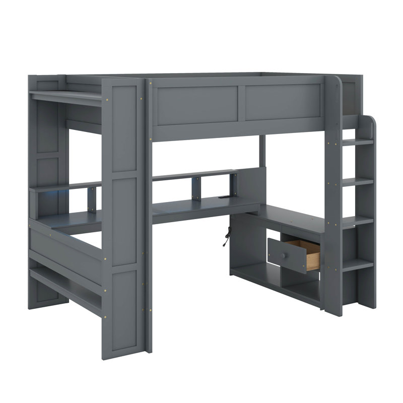 Gaming Loft Bed With Desk, Multi-Storage Shelves, LED And Charging Station, Full