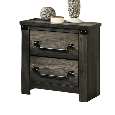 Contemporary Rustic Gray Bedside Cabinet, 2 - Drawer Nightstand, Engineered Wood And Rubberwood, Antique Brass Color Drop Handles, Easy Assembly Style Table For Bedroom, Paper, Wood, Assembly, Center