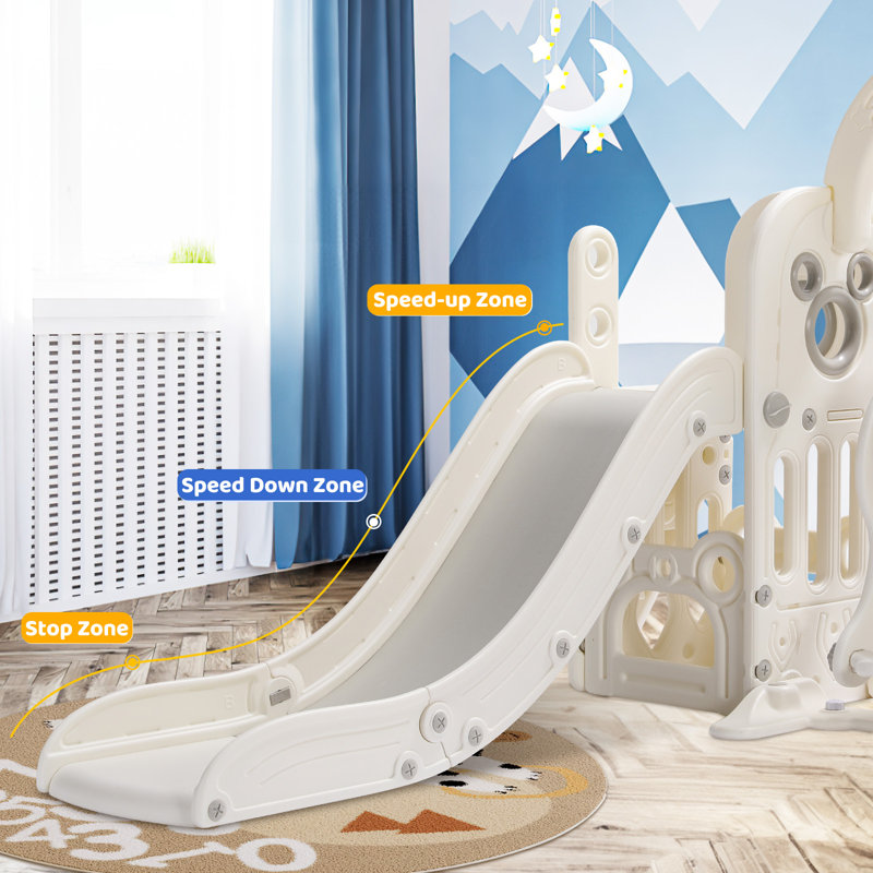 6 in 1 Toddlers Slide and Swing Set, Kids Slides w/Climber, Storage, Basketball Hoop, Ball, Suction Cup Reinforced