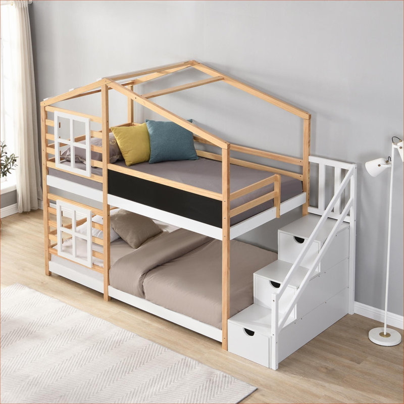 Lit superposé House avec cadre simple et simple en bois massif, blanc doux, avec caractéristiques de jeu pour chambre d'enfant