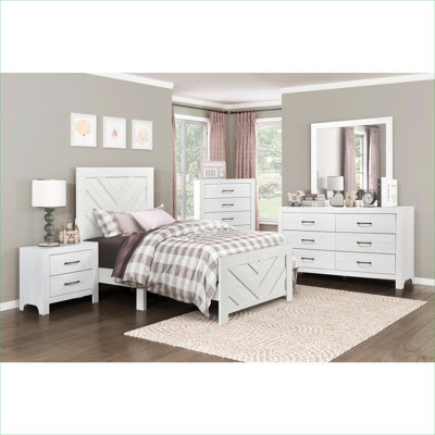 Cadre de lit à panneau simple en bois de style contemporain, meubles de chambre à coucher au fini blanc doux avec motif en V