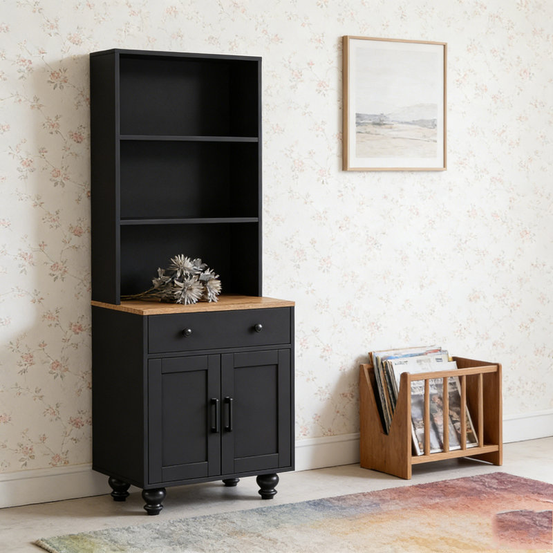 Armoire de cuisine moderne avec tablettes réglables, 4 pieds en bois massif en forme de gourde, Black