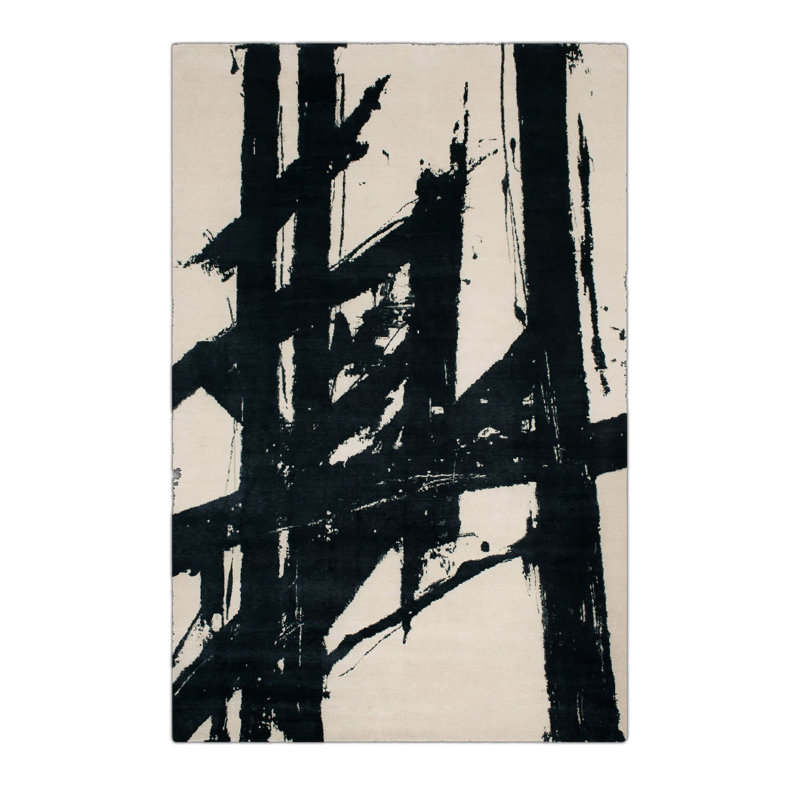 Tapis beige à motif abstrait moderne tissé noir, Tapis de couloir 3 pi 3,37 po x 9 pi 10,11 po