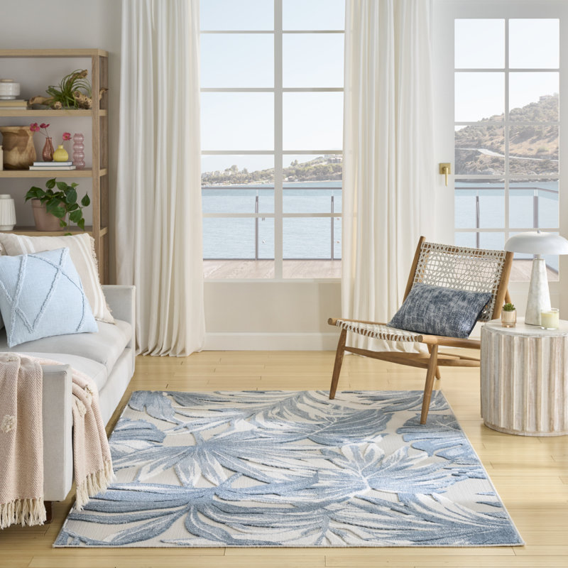 Floral Indoor/Outdoor Ivory Blue Area Rug, Rectangle 160 x 226 cm