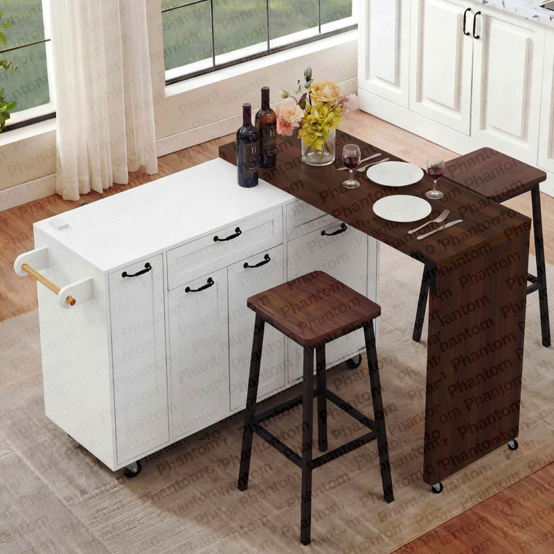 Îlot de cuisine 102,3 po K&K avec table de salle à manger extensible, chariot pour îlot de cuisine sur roulettes avec armoire de rangement pour poubelles, étagère à épices coulissante à 3 niveaux, table d'îlot mobile sur roulettes pour la cuisine, la salle à manger, blanc