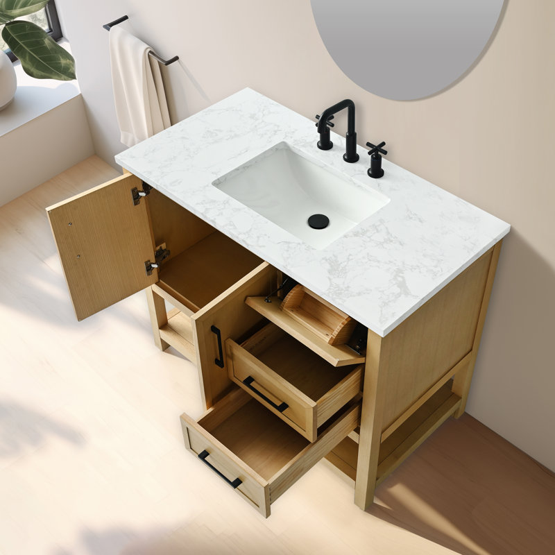 Stratford 42'' Single Bathroom Vanity with Engineered Stone Top, Light Oak/Matte Black