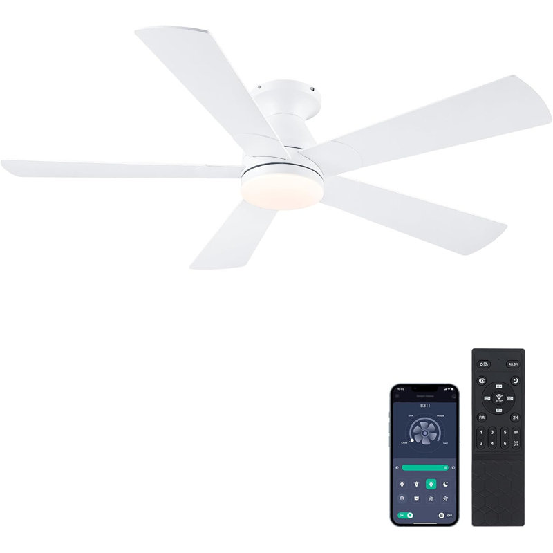 52" 5-blade Flush Mount Ceiling Fans With Lights and Remote, 6 Wind Speeds And Reversible, Modern Low Profile Fan Light For Indoor/covered Outdoor