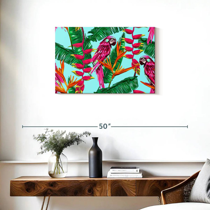 Brampt, plantes tropicales et oiseaux exotiques, H 20 po x l 30 po