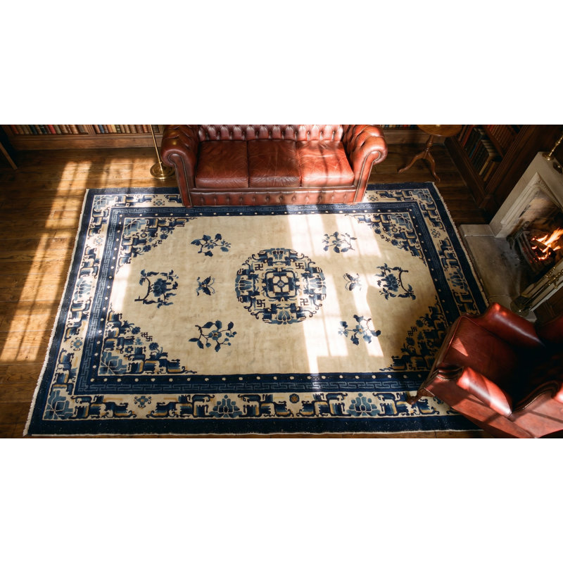 Wool 1920s Blue Ivory Beige Cream White Hand Knotted Pile Rectangle Antique Rug
