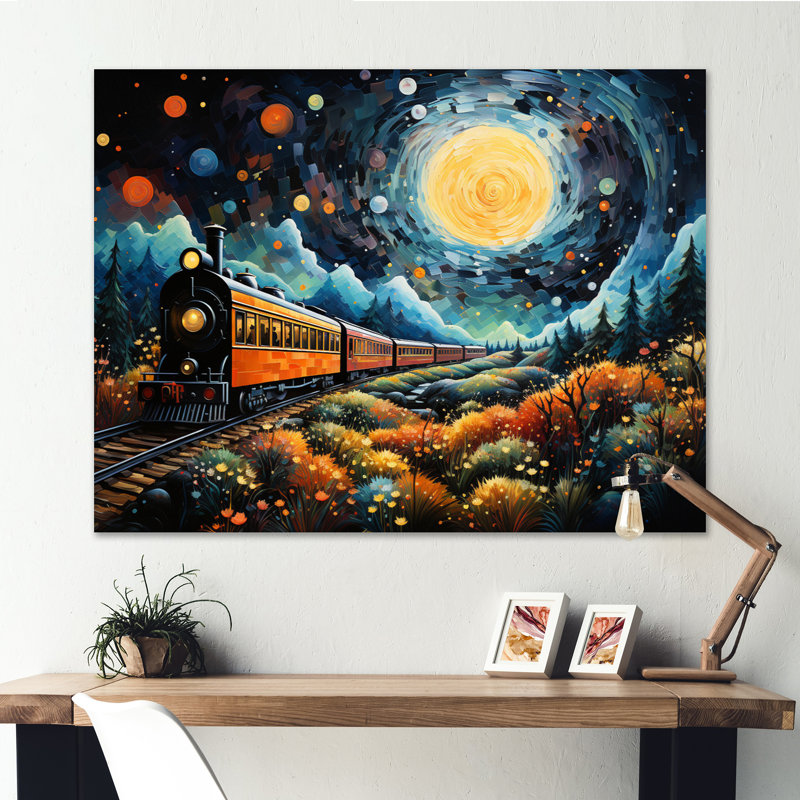 «Yellow Train Enchanted Journey Pointillism - Transport», reproduction d'art sur toile, H 24 po x l 32 po x P 1 po