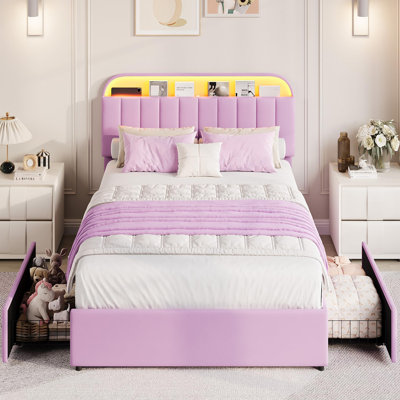 Base de lit tapissier pleine grandeur en velours avec tête de lit réglable, 2 tiroirs sous le lit mobiles, lumières à DEL RVB contrôlées par l'application, support à lattes de bois, aucun sommier requis, mauve