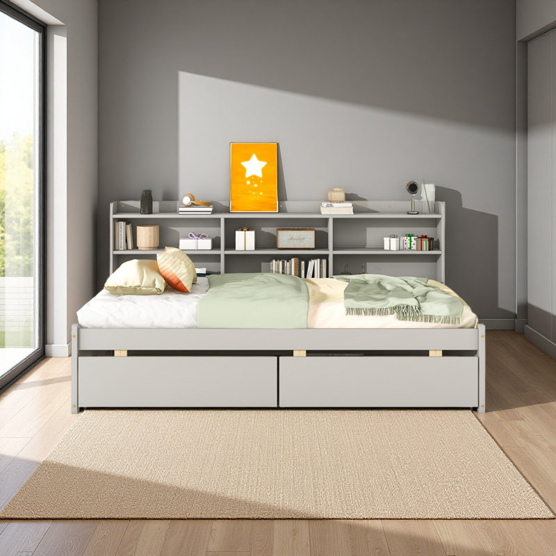 Bed With Side Bookcase, Drawers, Twin, Gray
