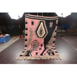 Tapis décoratif en laine de conception unique 5 pi 3 po x 8 pi 2 po noué à la main New Age rose/noir