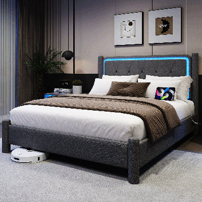 Twin Size Bed Frame with LED Lights and Charging Station, Fabric Upholstered Platform with Headboard, Upholstered Teddy Fabric with Charging Station, No Box Spring Required, Easy Assembly, Gray