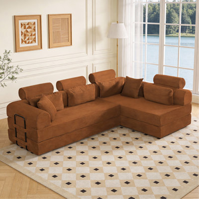Canapé modulaire en forme de L, canapé modulaire compressé en velours côtelé de style minimaliste moderne, se déplie en un lit, une chambre à coucher, un canapé compressé confortable et écoénergétique (orange)