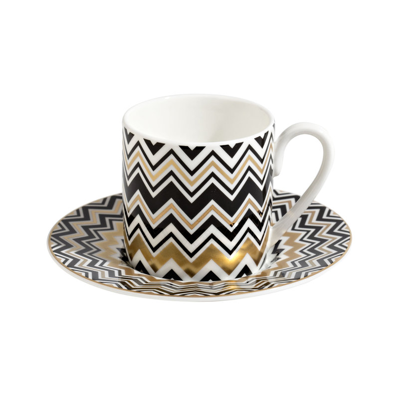 Missoni Coffee Cup & Saucer ZIG ZAG Set of 2 in Luxury Box Gold diam. 2.3in, H 2.5in, Cap. 4 oz, Saucer diam. 4.75in