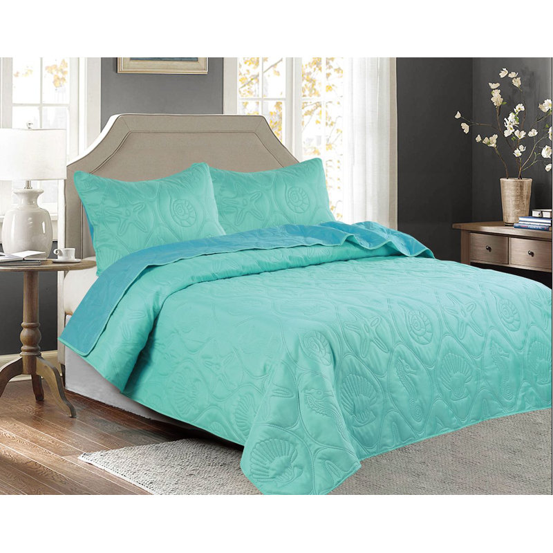 Ensemble de couvre-lit réversible Pinsonic, Couvre-lit de grande taille et 2 taies décorative, Turquoise