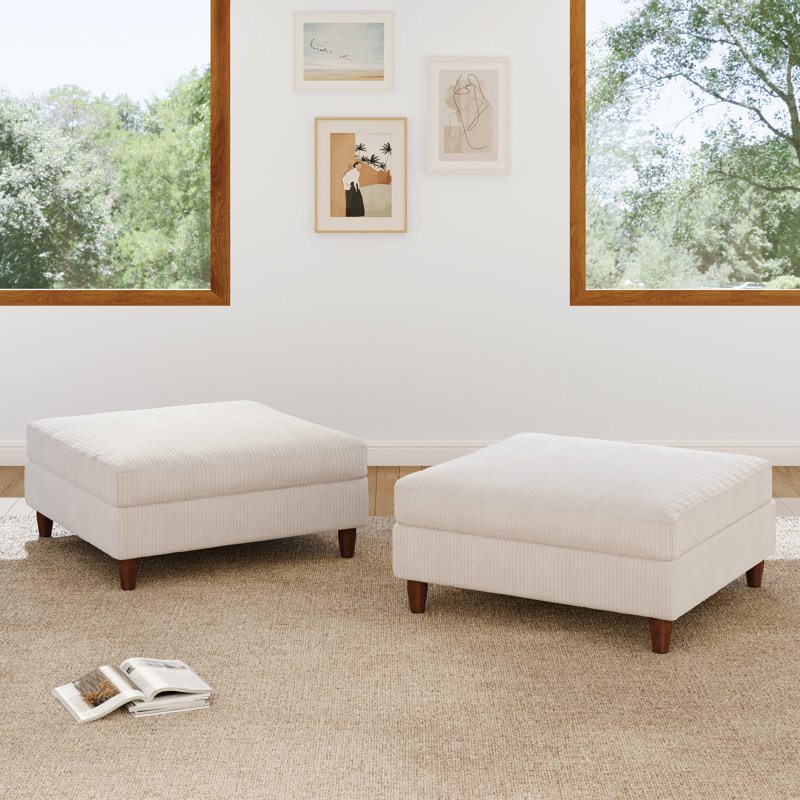 Upholstered Beige Square Corduroy Ottoman with Solid Wood Legs, Ottoman Modular Part For Sectional Sofa, Beige