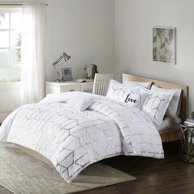 Édredon double / grand métallique avec imprimé géométrique - argent sur blanc, microfibre, 2 taies décoratives, coussins décoratifs, duvet et imprimé blanc, literie élégante