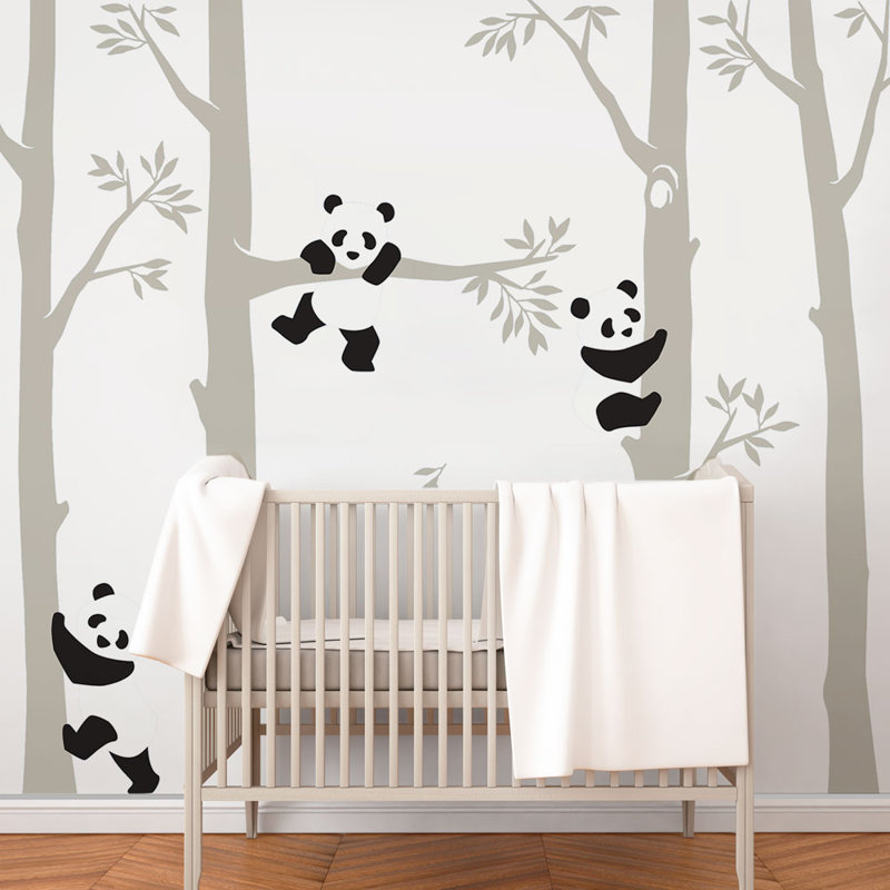 Tree with Pandas Wall Decal, Gray/White/Black