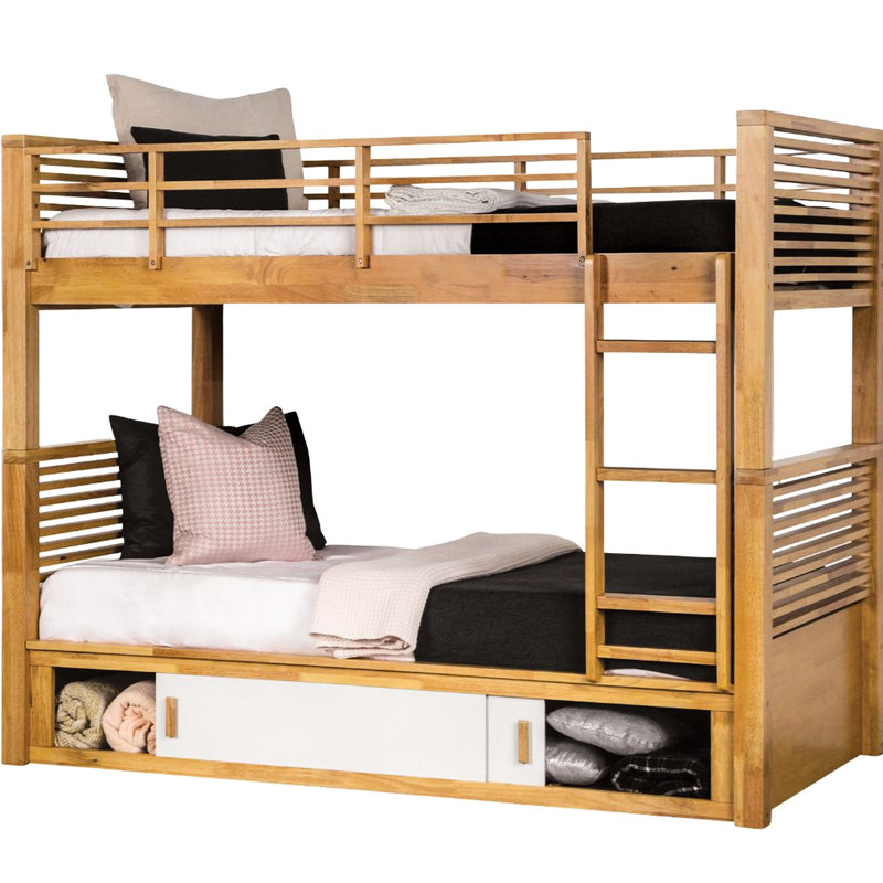 Lit superposé simple au-dessus de chêne avec conception transitionnelle, structure en bois massif, rangement sous le lit et finition réversible, lattes avec porte coulissante et joint