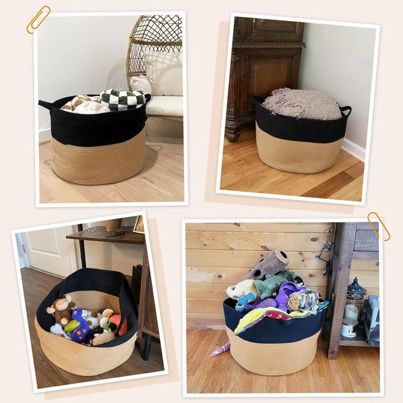 Xxxlarge Blanket Basket 21.7" X 21.7" X 13.8" Woven Storage Baskets Soft Cotton Rope Toy Baskets Storage Kids Decorative Laundry Basket For Home, Perfect For Living Room,