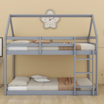 Twin Over Twin House-Shaped Floor Bunk Bed, With Ladder,Guardrails by Harper Orchard