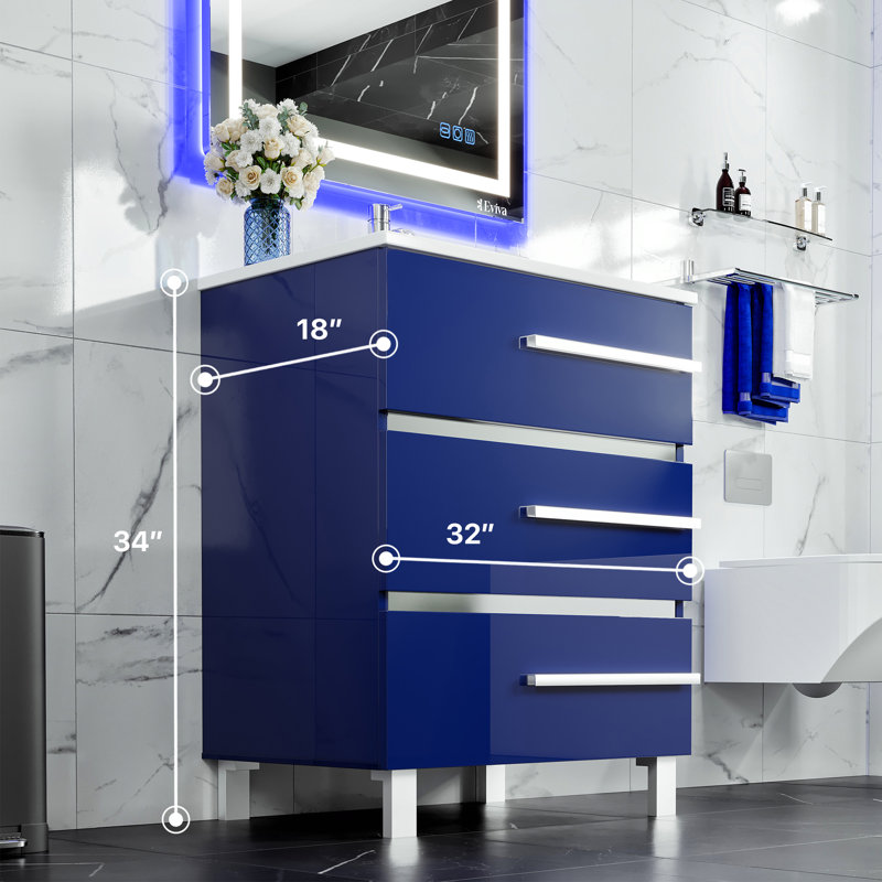 Meuble-lavabo simple 32 po avec plateau en porcelaine Marlaya, Bleu