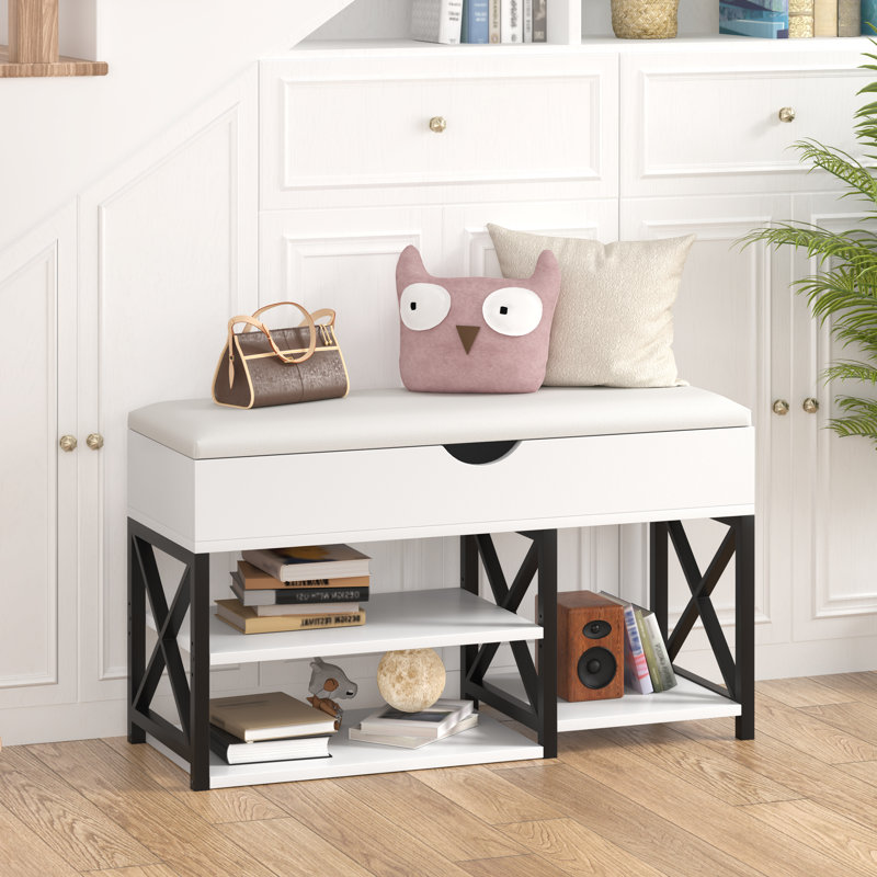 Kevonda Shoe Storage Bench, Entryway Shoe Cabinet with Cushion, White/Black