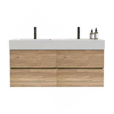 Meuble-lavabo Grace de 48 po avec lavabo en quartz d'ingénierie et tiroirs noirs doux, meuble-lavabo mural flottant pour salle de bain moderne, lavabo une pièce blanc brillant, KD