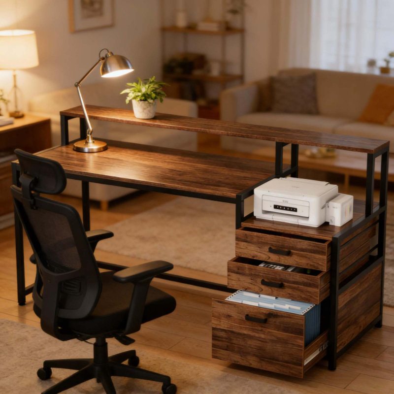 Bureau, bureau d'ordinateur spacieux, bureau d'écriture avec support pour écran surélevé, Brun rustique / noir