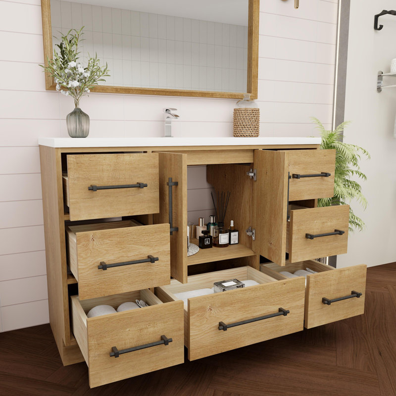 Victoria Oak Finish Freestanding Single Bathroom Vanity with Acrylic Top