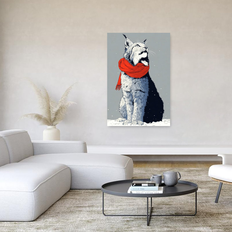 Hiver, lynx rouge, écharpe rouge, art contemporain abstrait, chat, nature, hiver, H 60 po x l 40 po