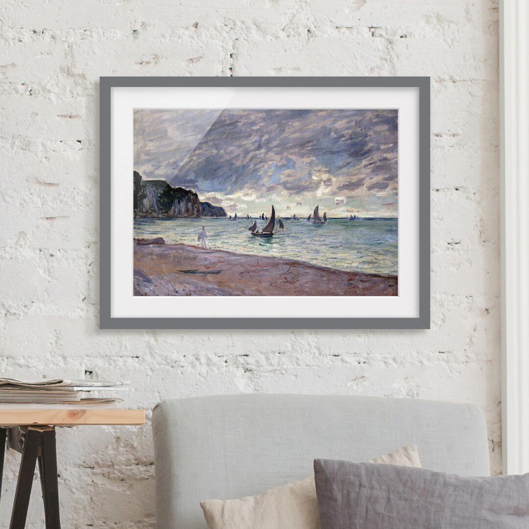 Gerahmtes Poster Fischerboote am Strand und die Klippen von Pourville von Claude Monet