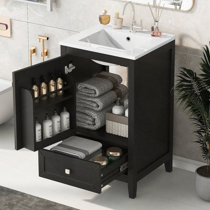 Armoire de salle de bain avec lavabo et porte à fermeture en douceur, Noir, noir, noir, noir