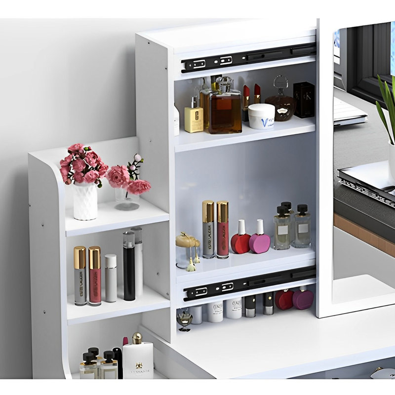 Bureau de coiffeuse élégant avec lumières et miroir - diverses options de rangement, table à 4 tiroirs blanche