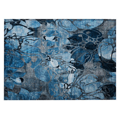2' X 3' Blue and Grey Floral Washable Non Skid Indoor Outdoor Area Rug