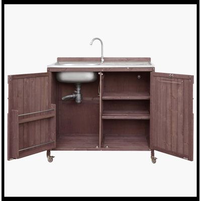 39.4" Outdoor Kitchen Sink Station With 304 Stainless Steel Sink, Faucet & Hose Hook Up, Outdoor Kitchen Island With Backsplash & 4 Wheels For Pizza Prep, Dark Brown